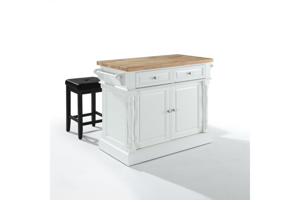 Oxford Kitchen Island W/Square Seat Stools - White & Natural