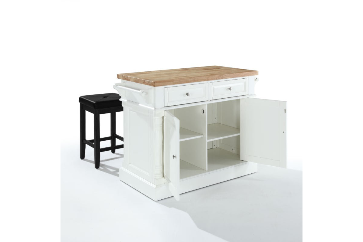 Oxford Kitchen Island W/Square Seat Stools - White & Natural