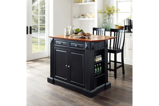 Coventry Drop Leaf Top Kitchen Island W/School House Stools - Black