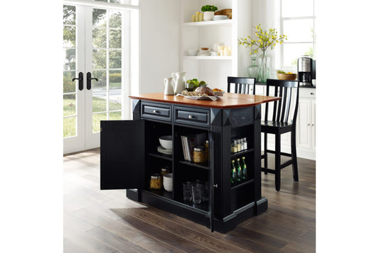 Coventry Drop Leaf Top Kitchen Island W/School House Stools - Black