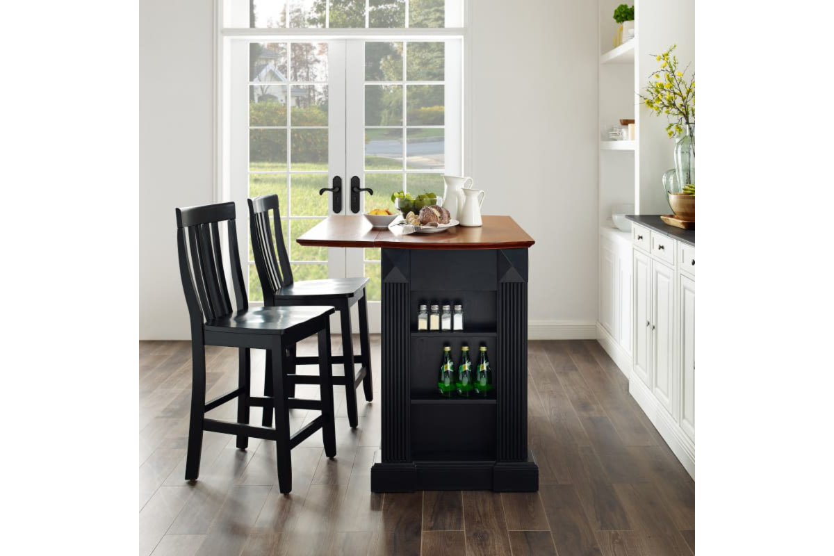 Coventry Drop Leaf Top Kitchen Island W/School House Stools - Black