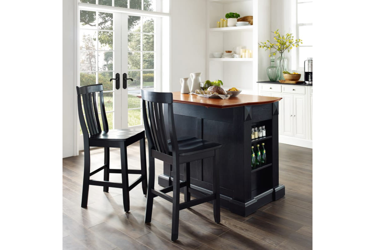 Coventry Drop Leaf Top Kitchen Island W/School House Stools - Black