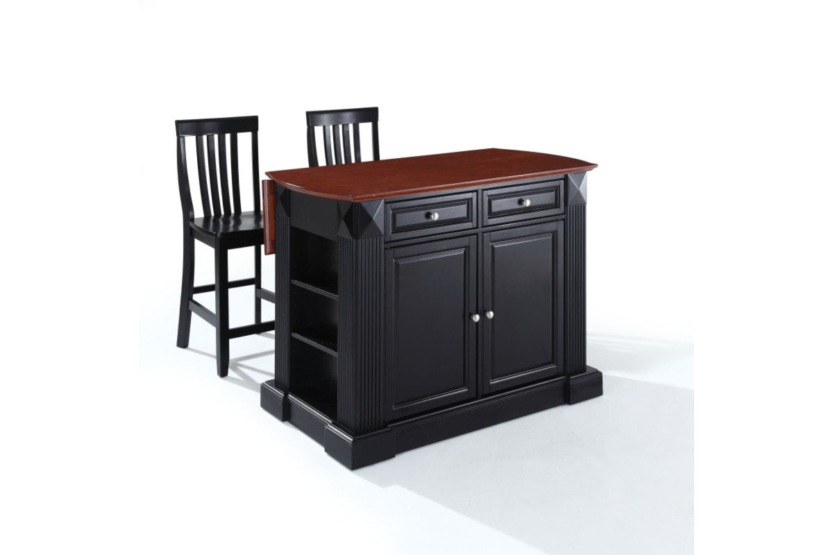 Coventry Drop Leaf Top Kitchen Island W/School House Stools - Black