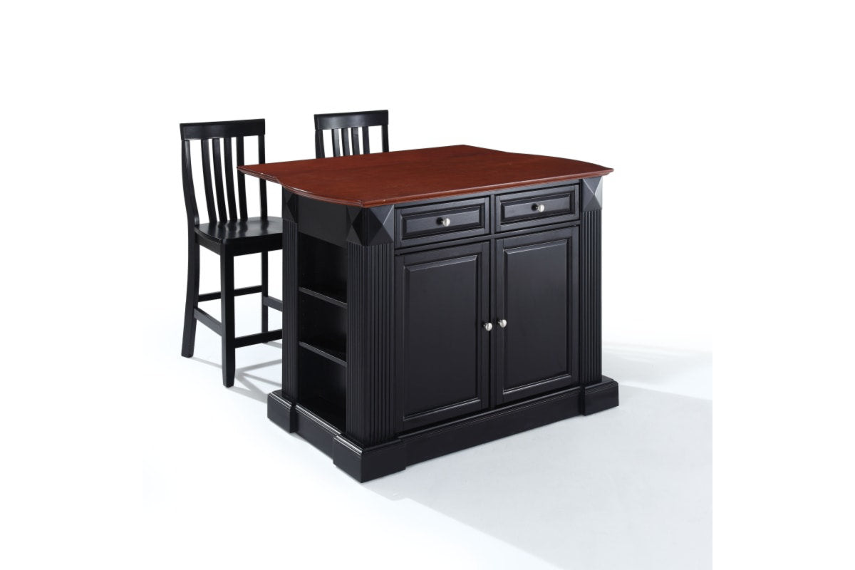 Coventry Drop Leaf Top Kitchen Island W/School House Stools - Black