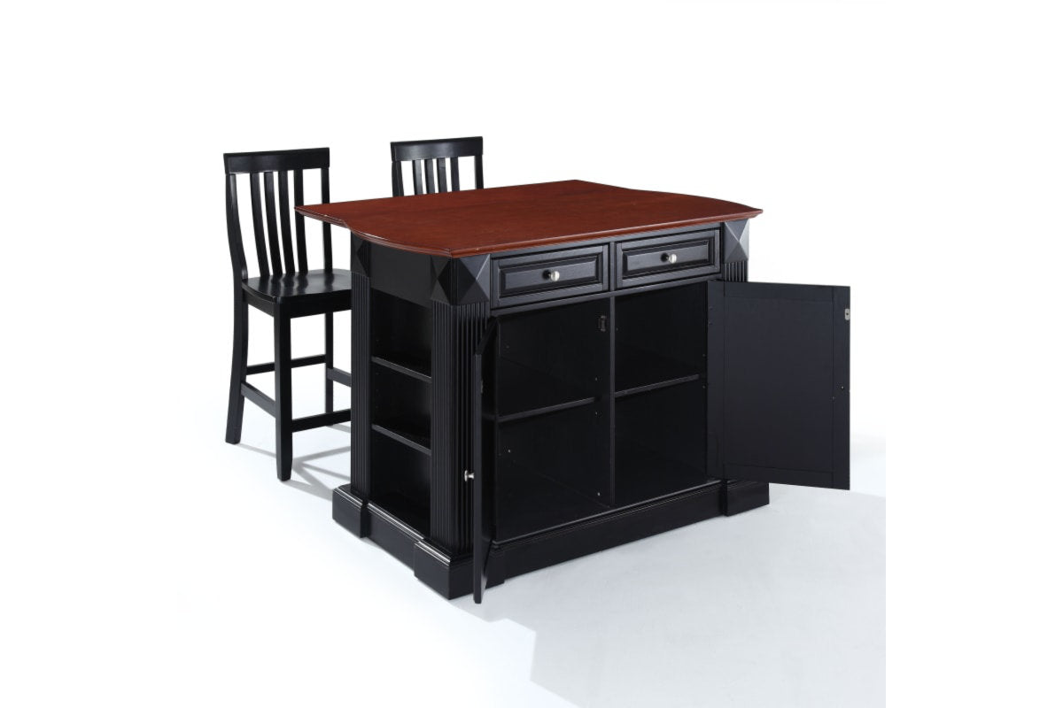 Coventry Drop Leaf Top Kitchen Island W/School House Stools - Black