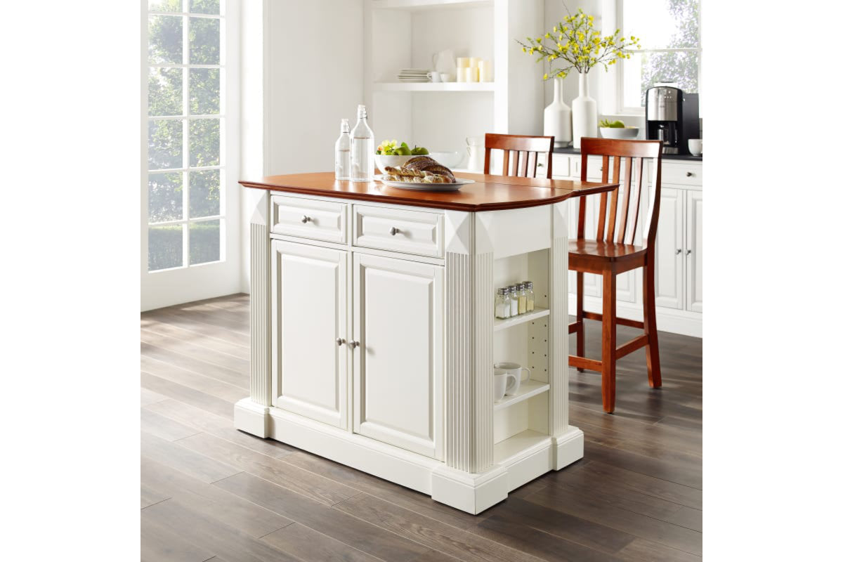 Coventry Drop Leaf Top Kitchen Island W/School House Stools - White