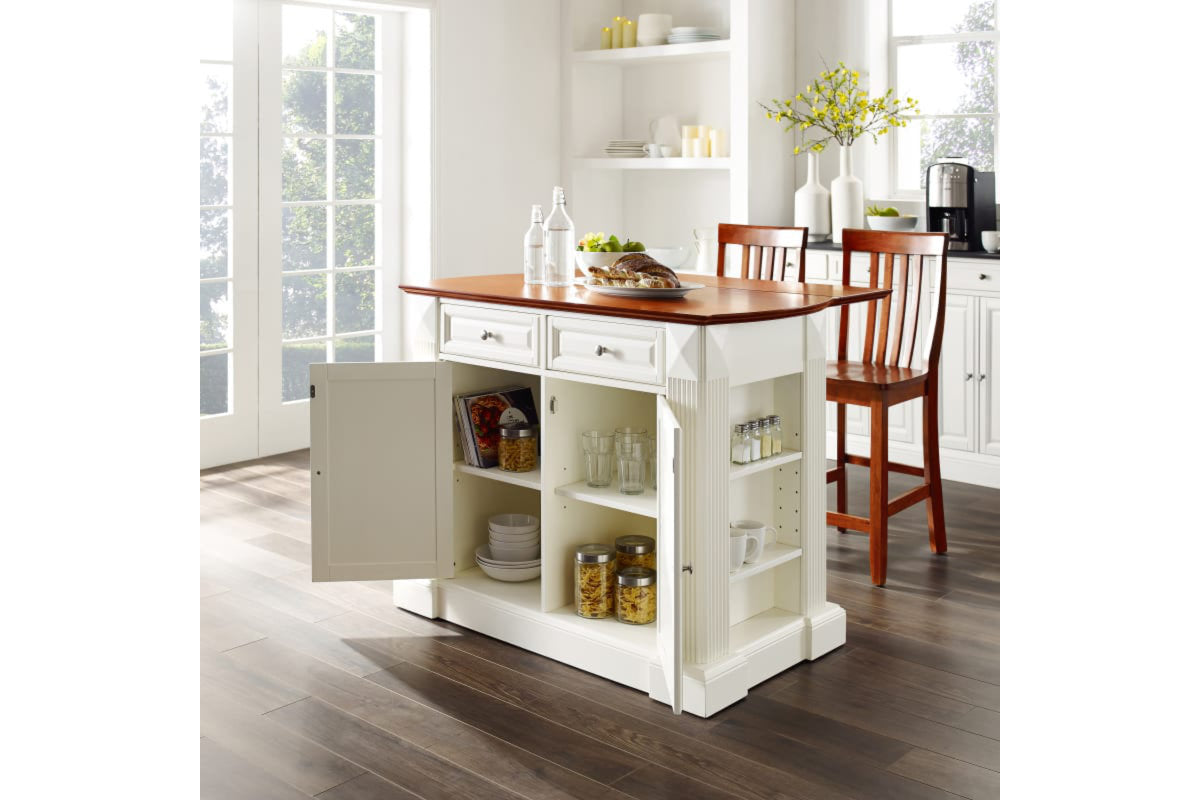 Coventry Drop Leaf Top Kitchen Island W/School House Stools - White