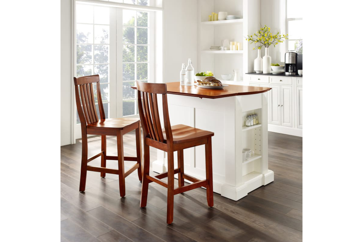 Coventry Drop Leaf Top Kitchen Island W/School House Stools - White