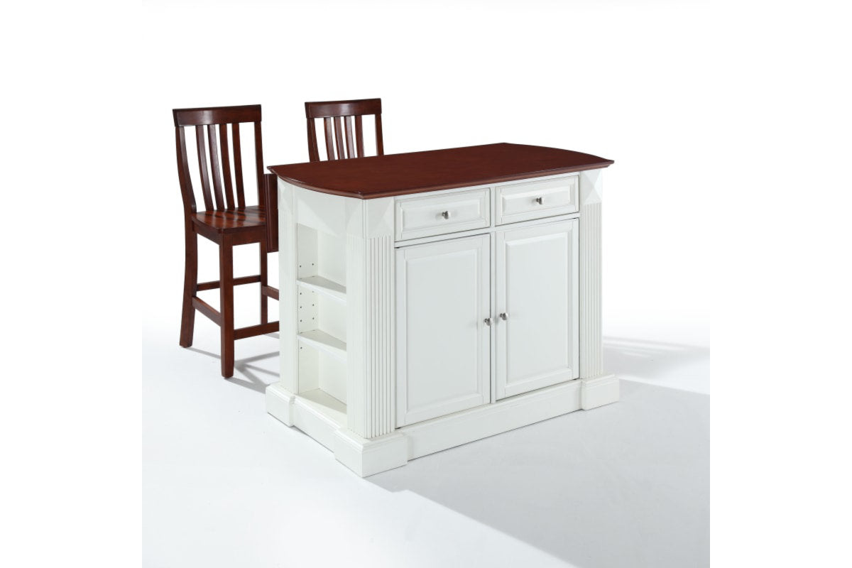 Coventry Drop Leaf Top Kitchen Island W/School House Stools - White