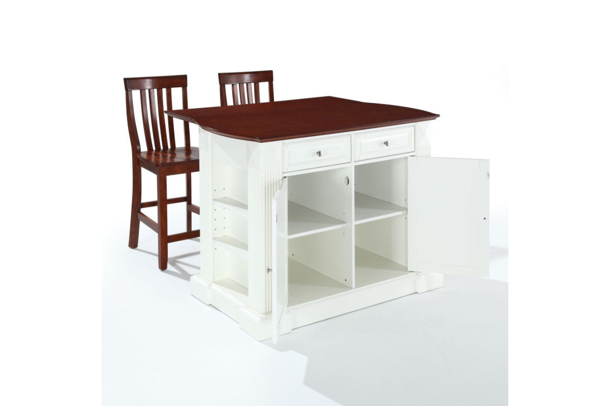 Coventry Drop Leaf Top Kitchen Island W/School House Stools - White