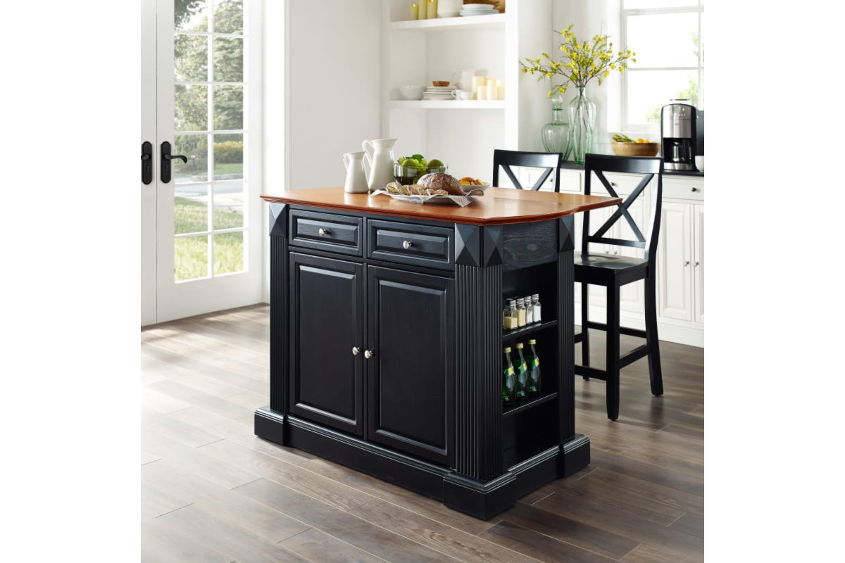 Coventry Drop Leaf Top Kitchen Island W/X-Back Stools - Black