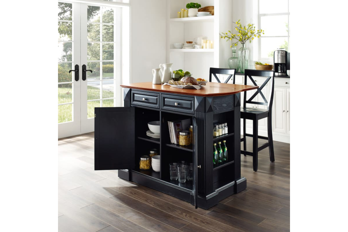 Coventry Drop Leaf Top Kitchen Island W/X-Back Stools - Black