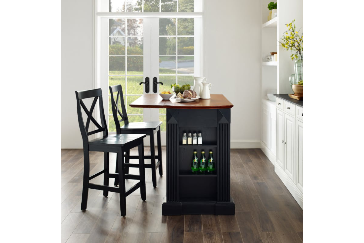 Coventry Drop Leaf Top Kitchen Island W/X-Back Stools - Black