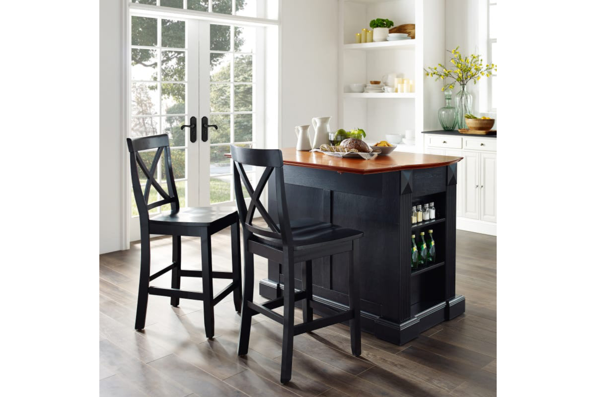 Coventry Drop Leaf Top Kitchen Island W/X-Back Stools - Black