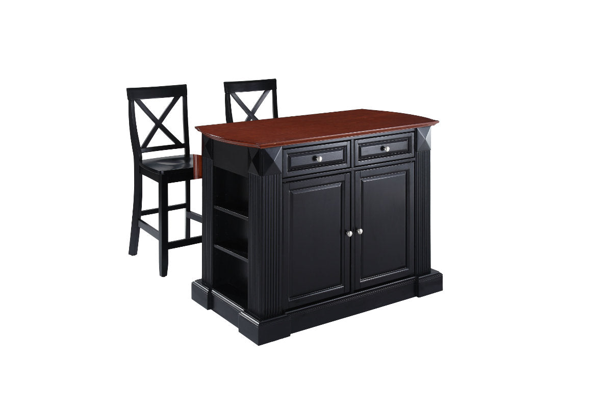 Coventry Drop Leaf Top Kitchen Island W/X-Back Stools - Black