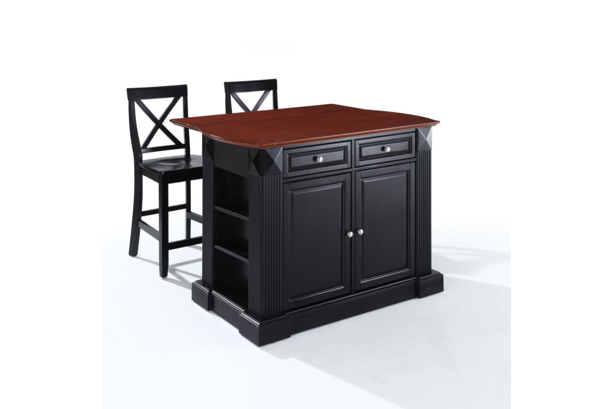 Coventry Drop Leaf Top Kitchen Island W/X-Back Stools - Black