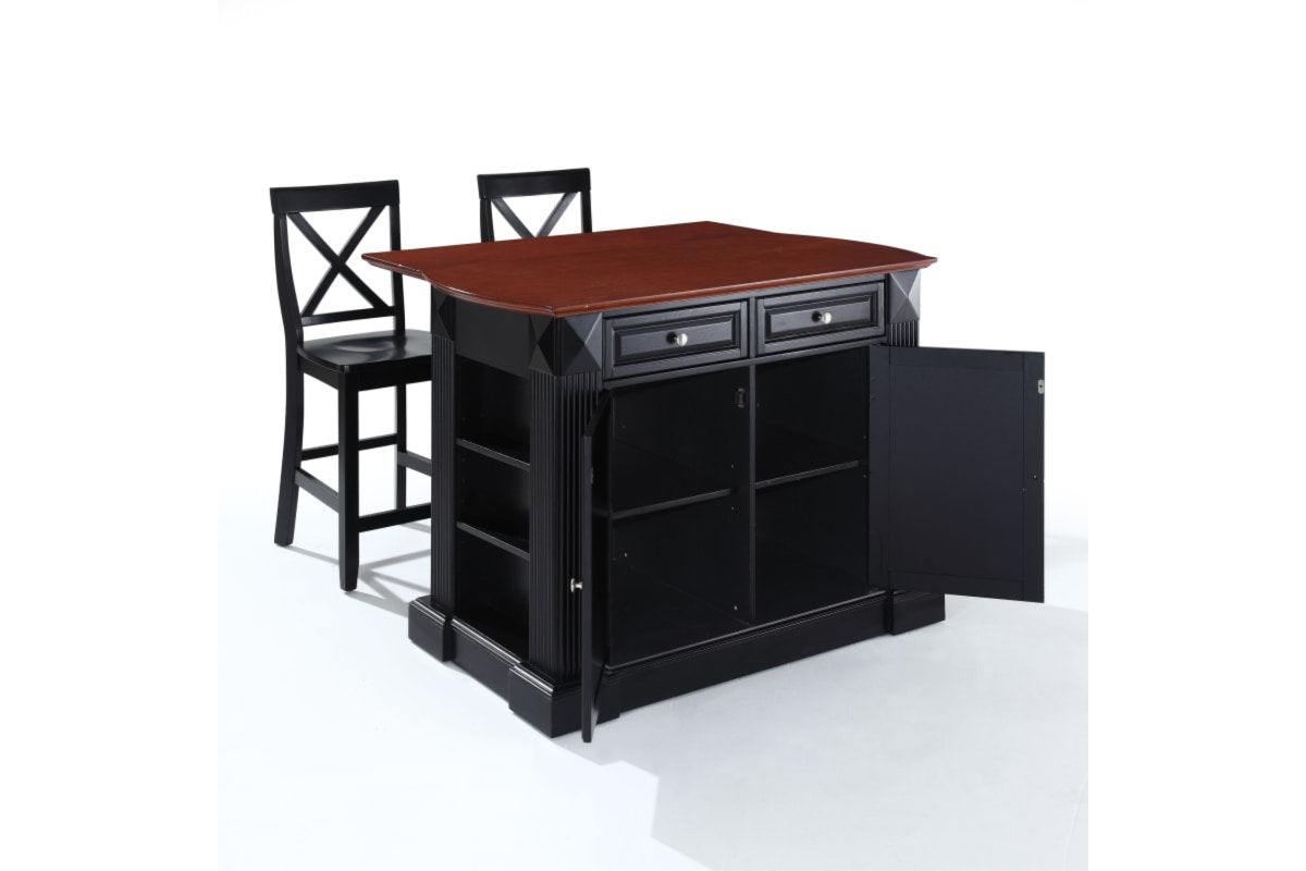 Coventry Drop Leaf Top Kitchen Island W/X-Back Stools - Black