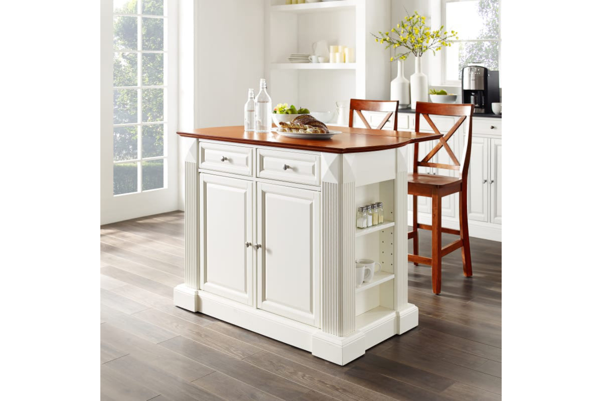 Coventry Drop Leaf Top Kitchen Island W/X-Back Stools - White