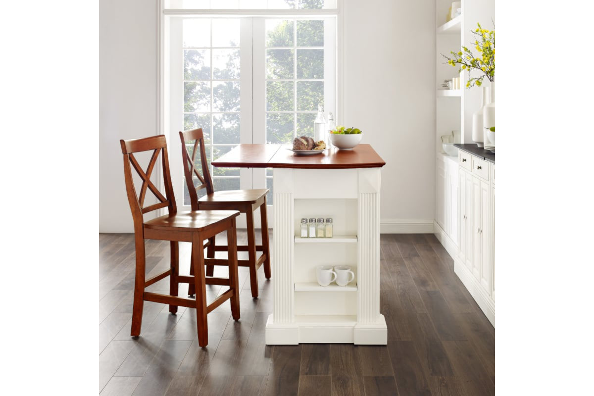 Coventry Drop Leaf Top Kitchen Island W/X-Back Stools - White