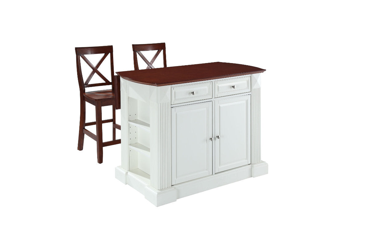 Coventry Drop Leaf Top Kitchen Island W/X-Back Stools - White