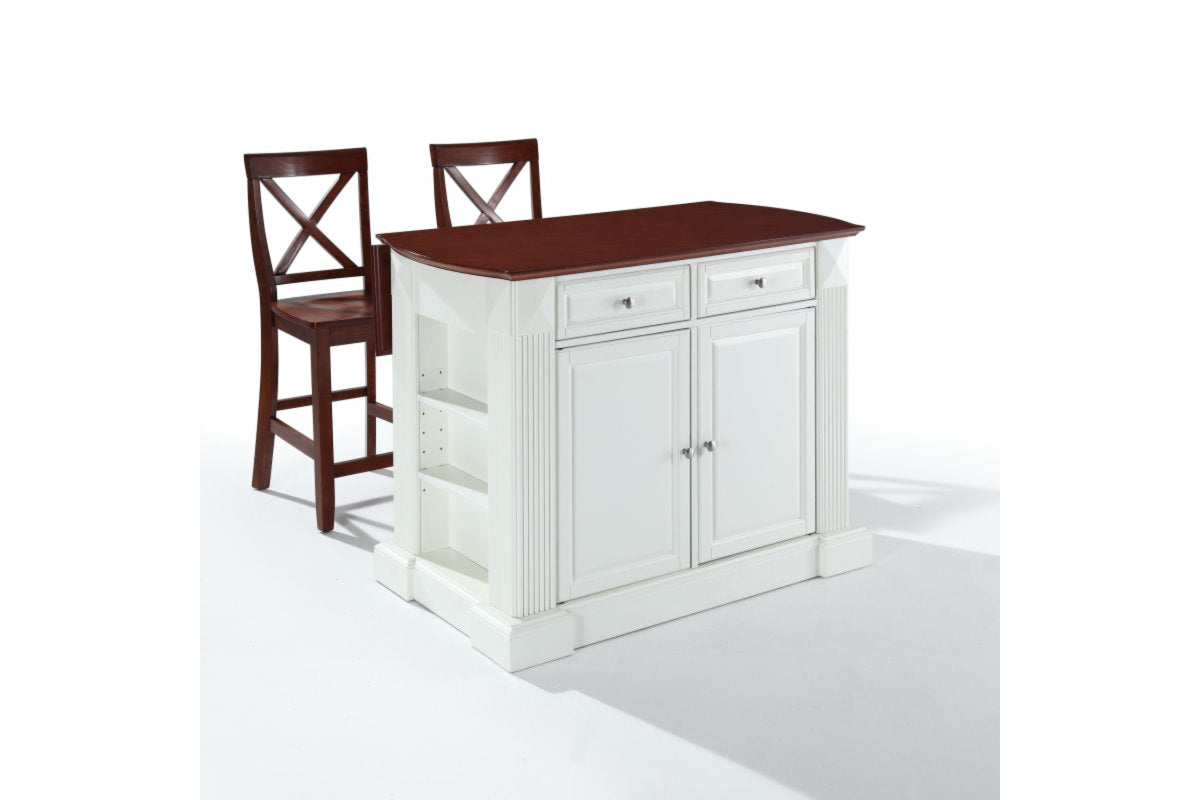 Coventry Drop Leaf Top Kitchen Island W/X-Back Stools - White