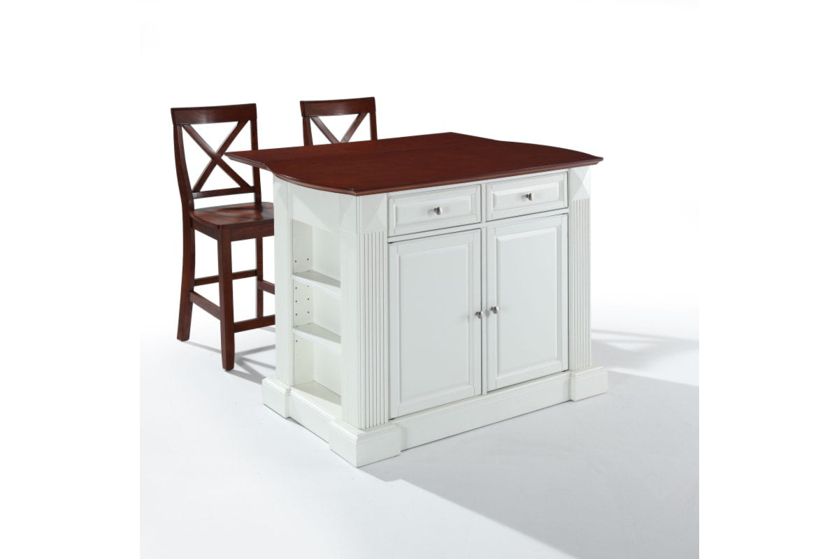 Coventry Drop Leaf Top Kitchen Island W/X-Back Stools - White