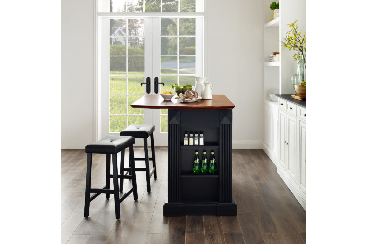 Coventry Drop Leaf Top Kitchen Island W/Uph Saddle Stools - Black