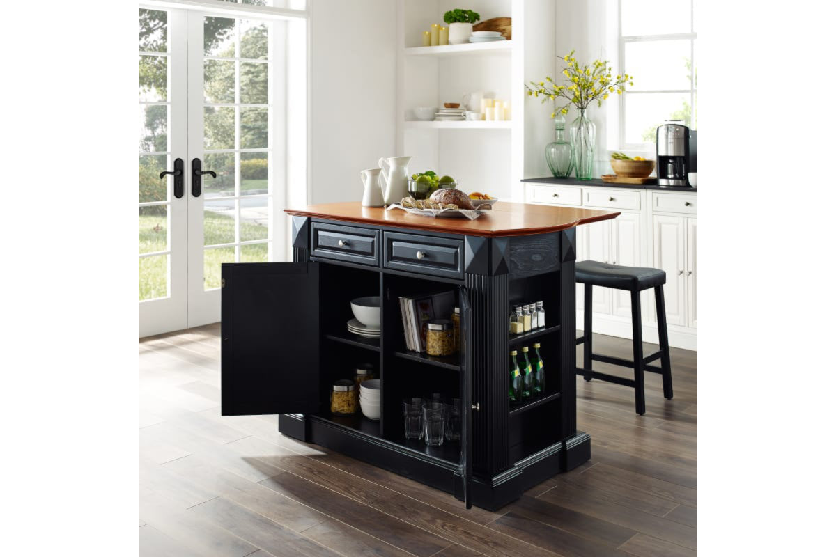 Coventry Drop Leaf Top Kitchen Island W/Uph Saddle Stools - Black