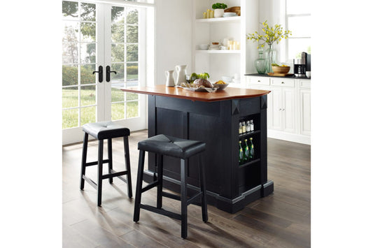 Coventry Drop Leaf Top Kitchen Island W/Uph Saddle Stools - Black