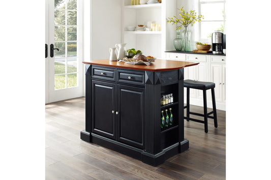 Coventry Drop Leaf Top Kitchen Island W/Uph Saddle Stools - Black