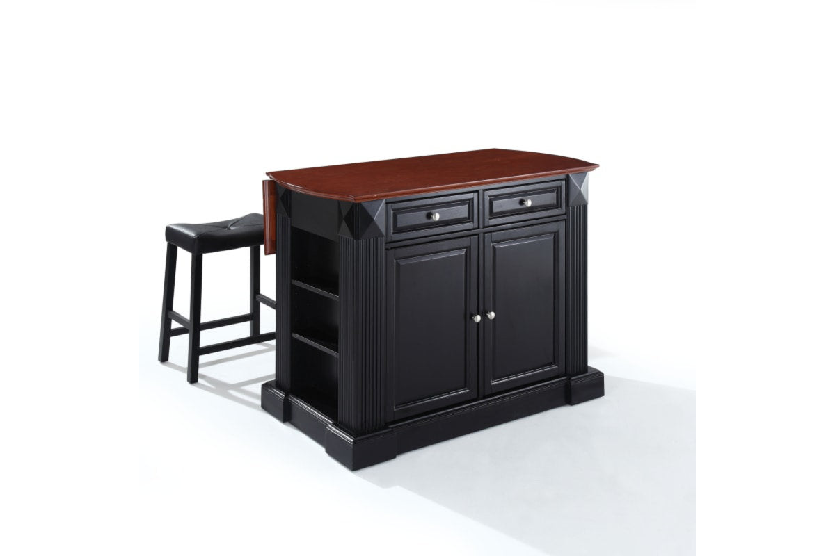 Coventry Drop Leaf Top Kitchen Island W/Uph Saddle Stools - Black