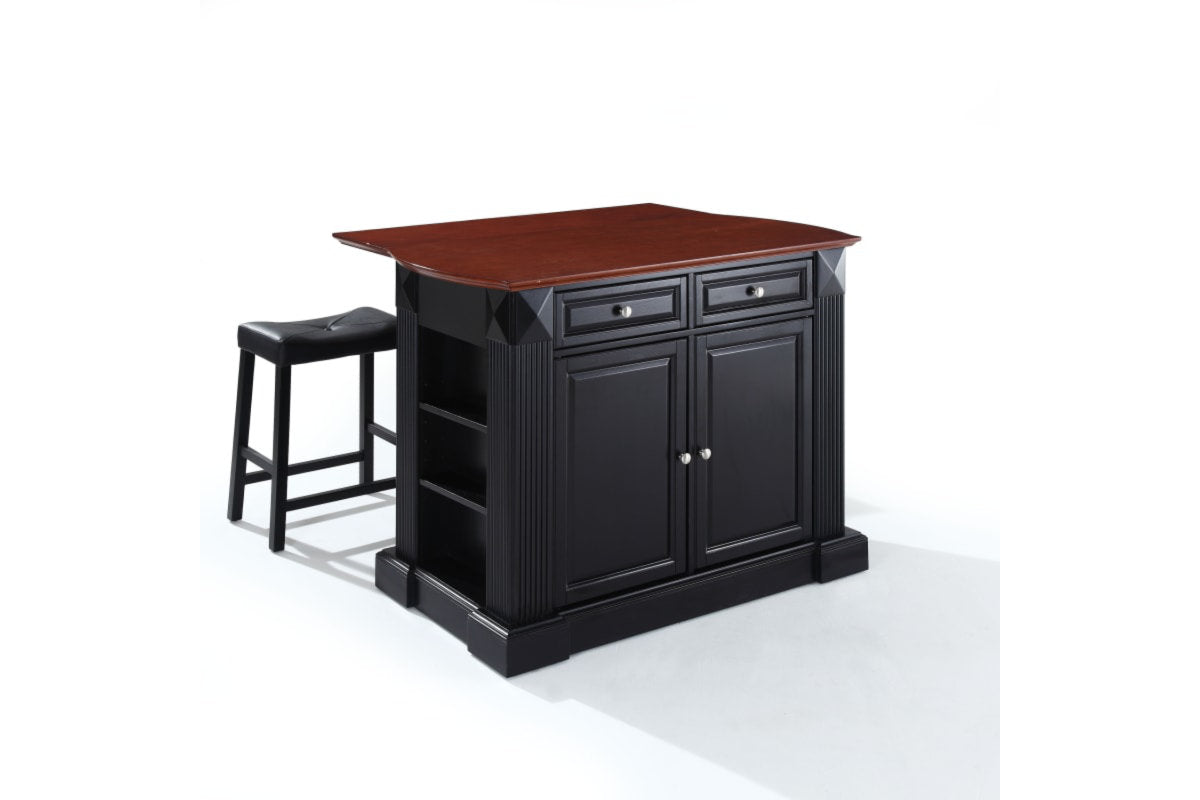 Coventry Drop Leaf Top Kitchen Island W/Uph Saddle Stools - Black