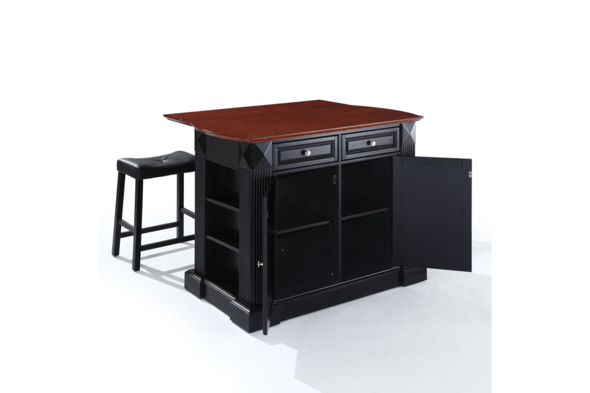 Coventry Drop Leaf Top Kitchen Island W/Uph Saddle Stools - Black