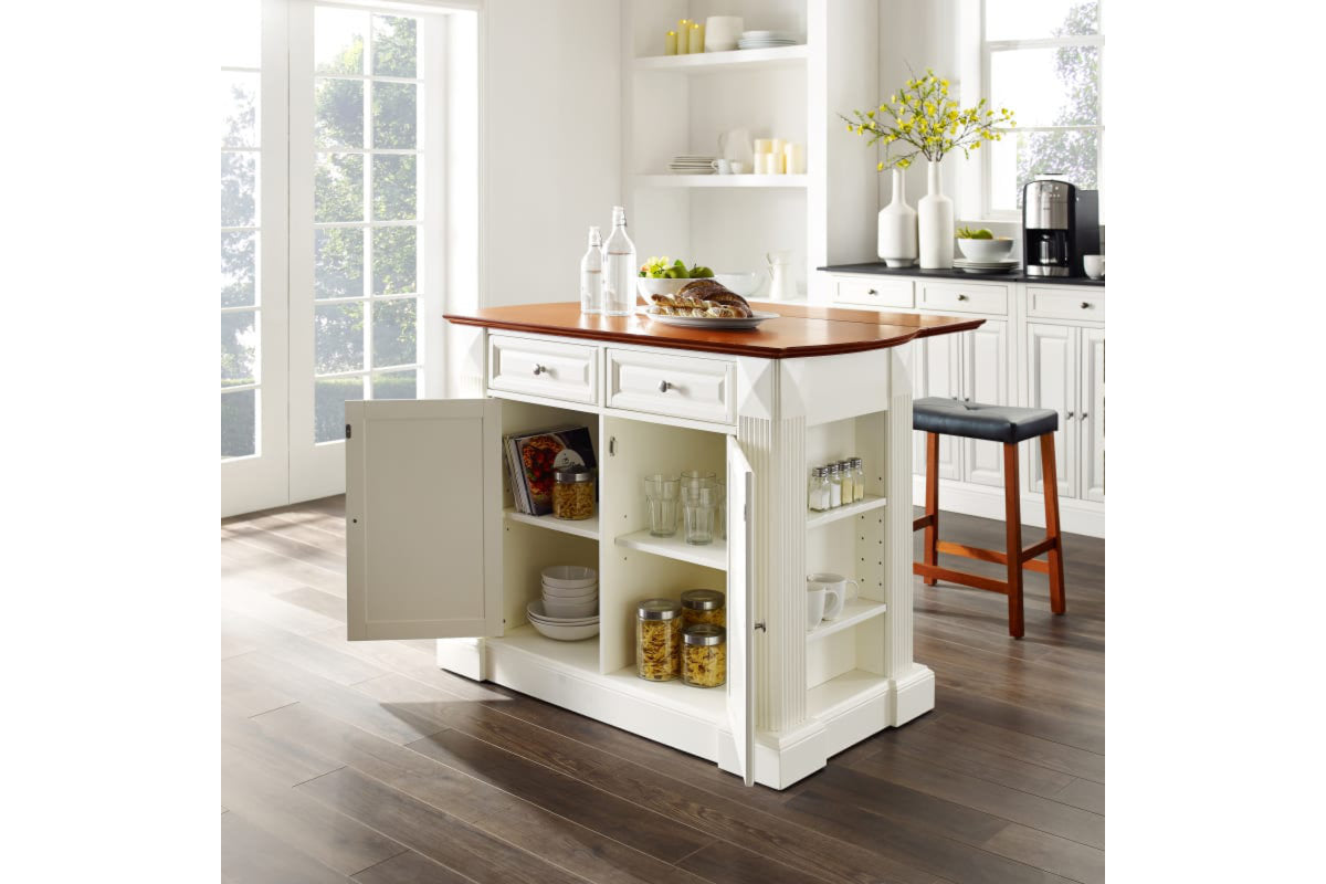 Coventry Drop Leaf Top Kitchen Island W/Uph Saddle Stools - White