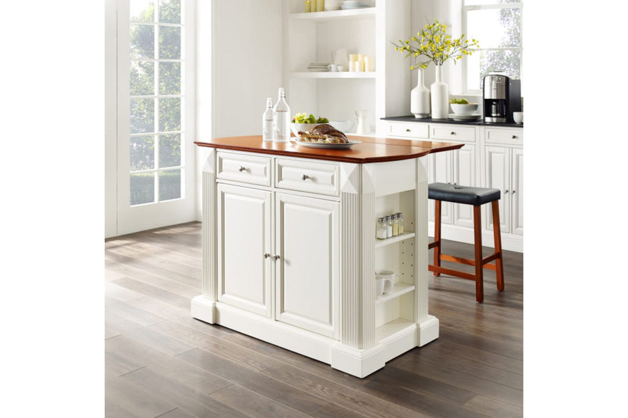 Coventry Drop Leaf Top Kitchen Island W/Uph Saddle Stools - White