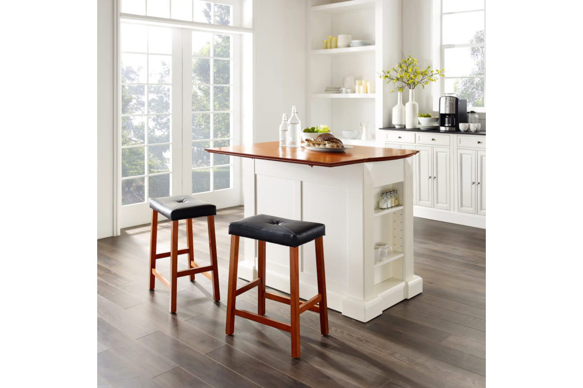 Coventry Drop Leaf Top Kitchen Island W/Uph Saddle Stools - White