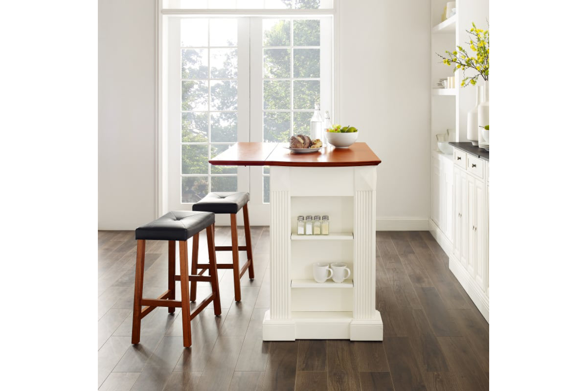 Coventry Drop Leaf Top Kitchen Island W/Uph Saddle Stools - White