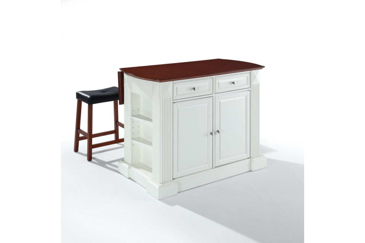 Coventry Drop Leaf Top Kitchen Island W/Uph Saddle Stools - White