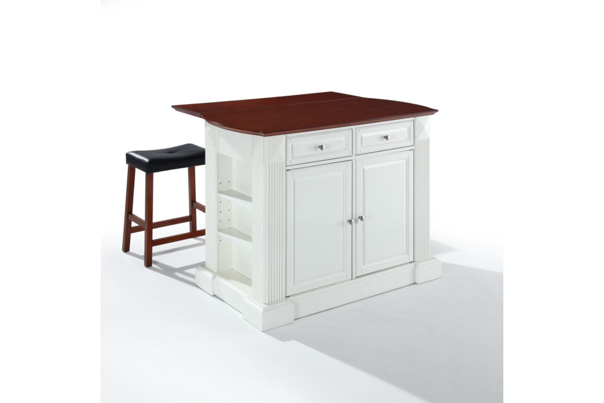 Coventry Drop Leaf Top Kitchen Island W/Uph Saddle Stools - White