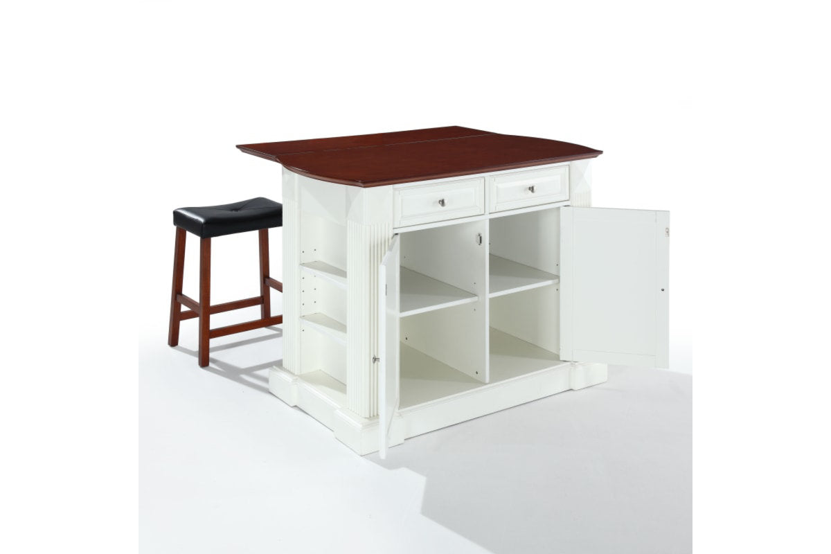 Coventry Drop Leaf Top Kitchen Island W/Uph Saddle Stools - White