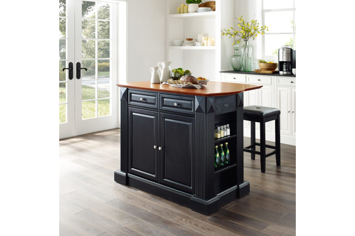 Coventry Drop Leaf Top Kitchen Island W/Uph Square Stools - Black