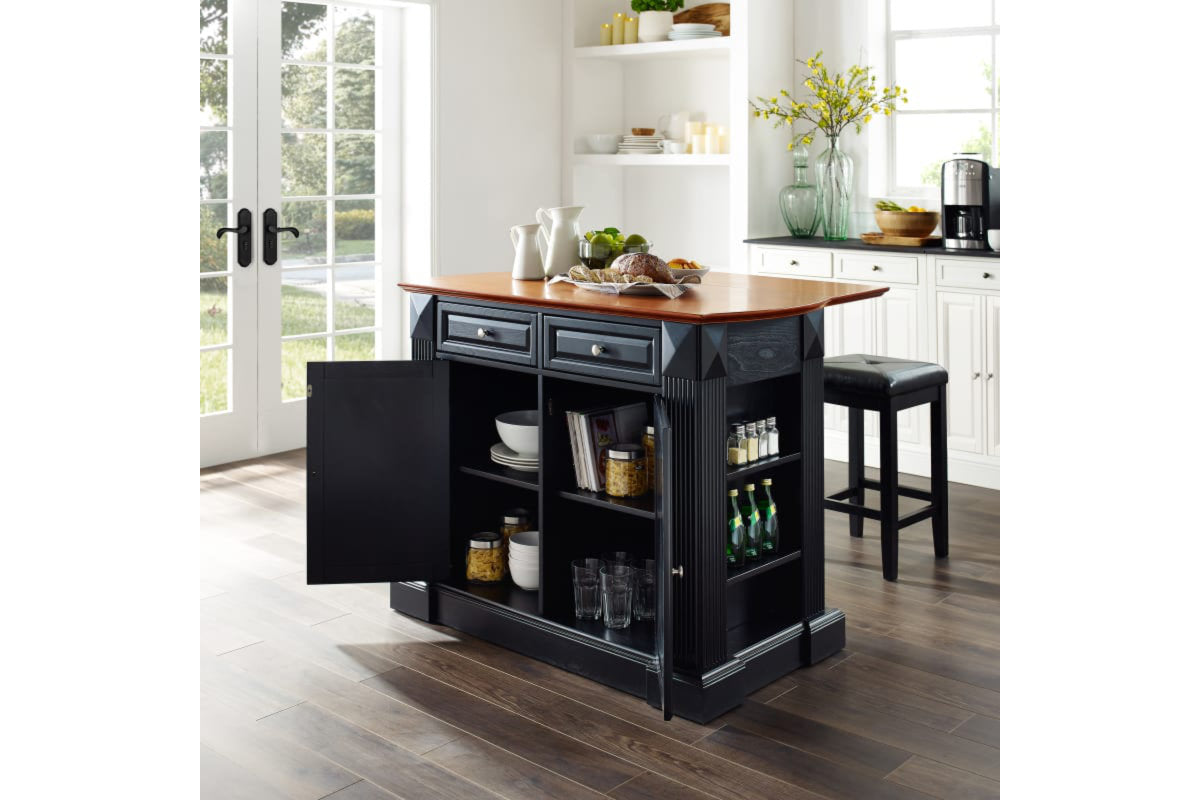 Coventry Drop Leaf Top Kitchen Island W/Uph Square Stools - Black