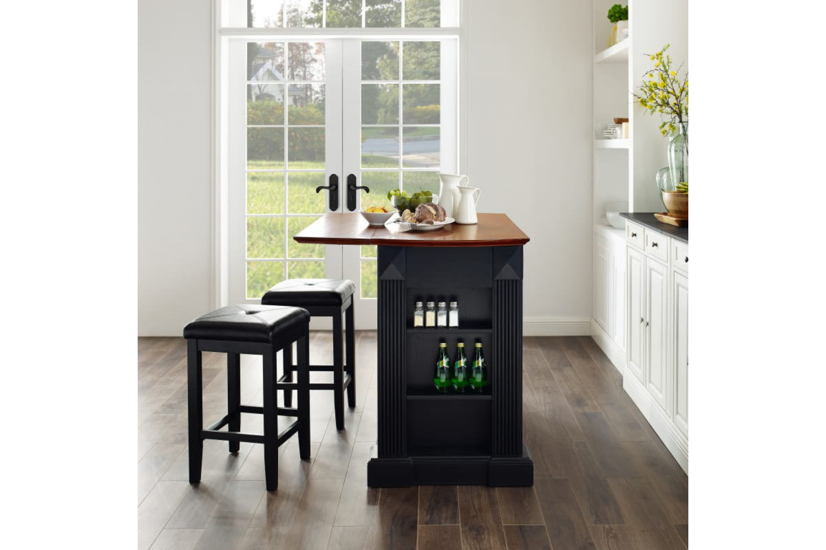 Coventry Drop Leaf Top Kitchen Island W/Uph Square Stools - Black