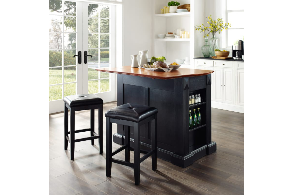 Coventry Drop Leaf Top Kitchen Island W/Uph Square Stools - Black