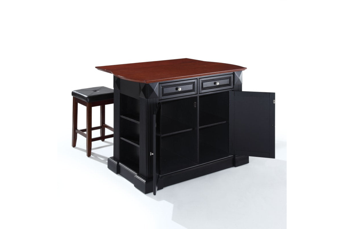 Coventry Drop Leaf Top Kitchen Island W/Uph Square Stools - Black