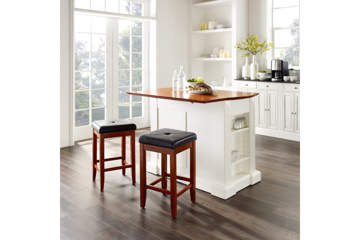 Coventry Drop Leaf Top Kitchen Island W/Uph Square Stools