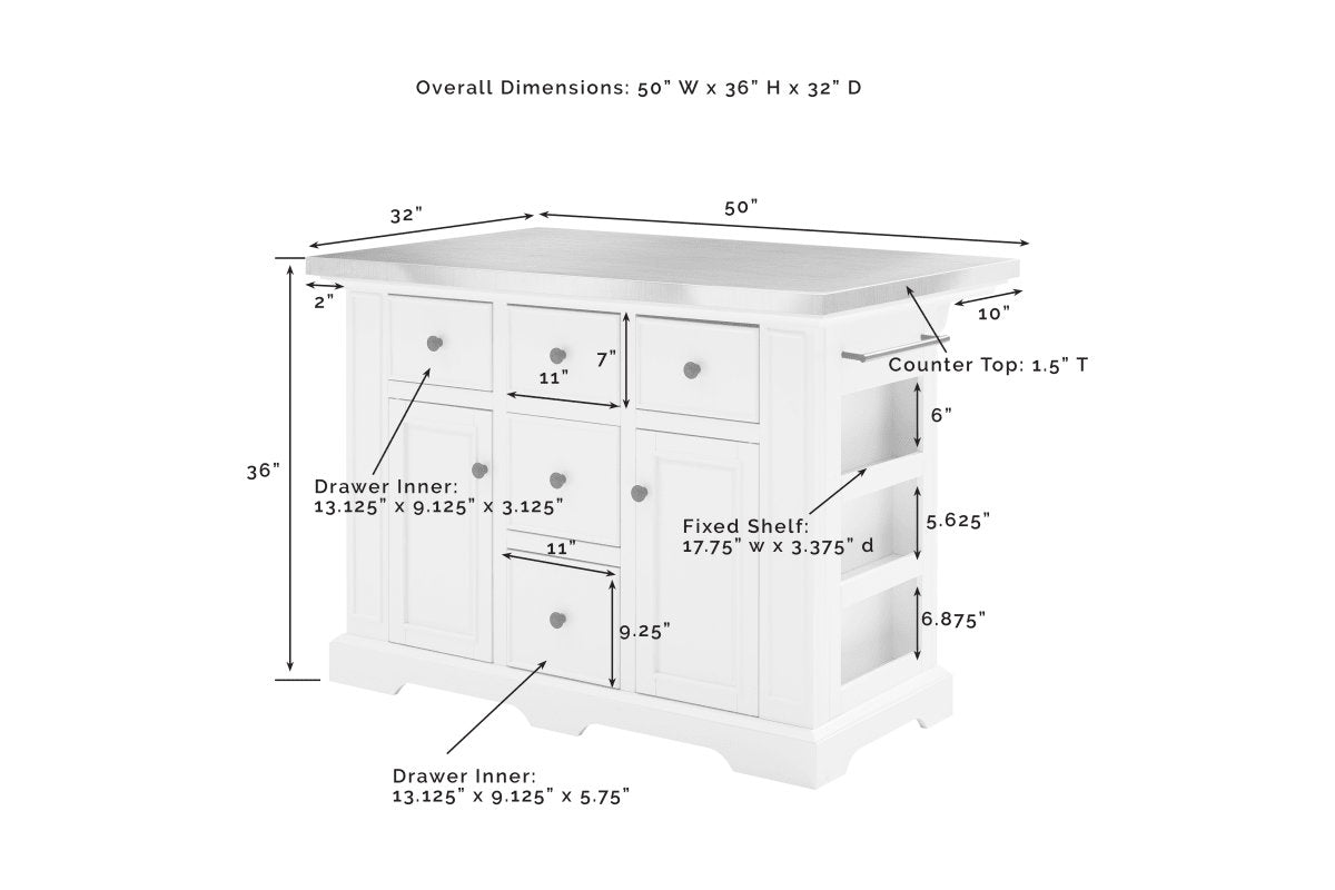 Julia Stainless Steel Top Kitchen Island - Gray