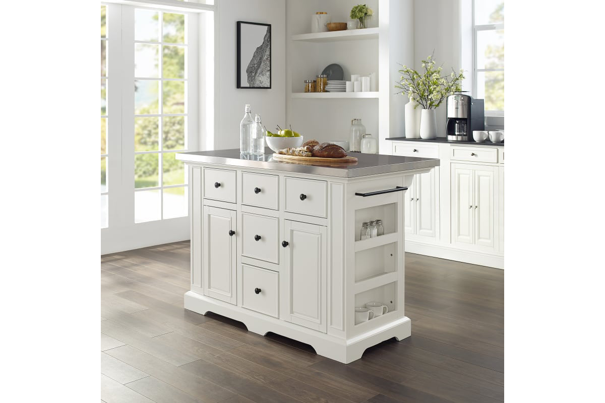 Julia Stainless Steel Top Kitchen Island - White