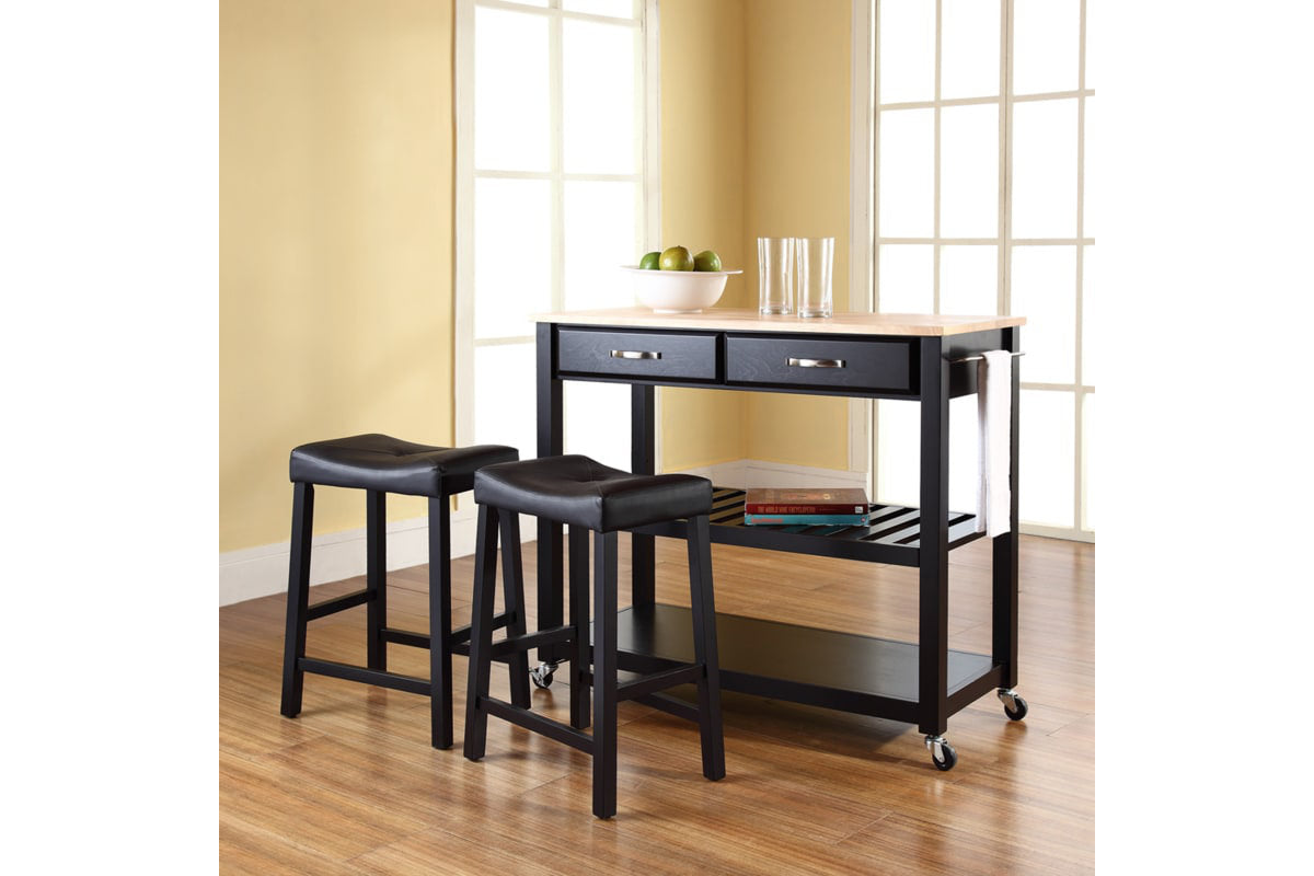 Wood Top Kitchen Prep Cart W/Uph Saddle Stools - Black & Natural