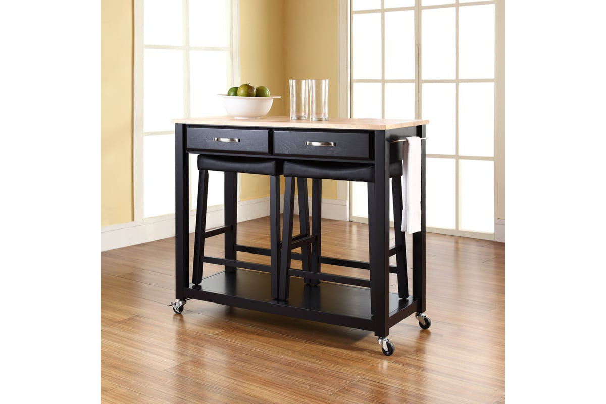 Wood Top Kitchen Prep Cart W/Uph Saddle Stools - Black & Natural